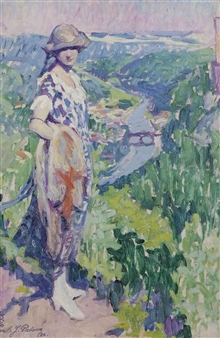 Elegant lady overlooking Vianden, Luxembourg - Emile Joseph Patoux