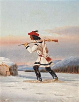 A lone figure in traditional attire traverses a snowy landscape carrying a rifle.
