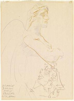 Artwork by Oskar Kokoschka, Nude figure with wings and two figural sketches, Made of coloured pencil on paper