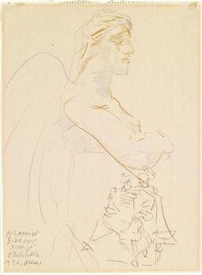 Nude figure with wings and two figural sketches