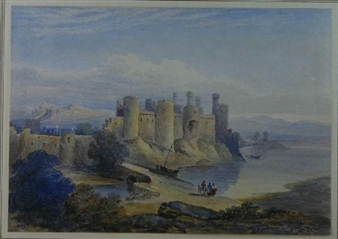 Southern View of Conwy Castle with Bridge and Figures - A. C. Malkin