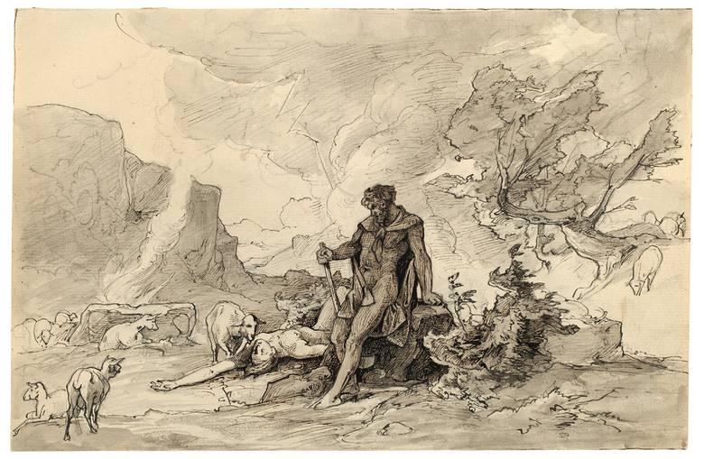 Artwork by Friedrich Preller the Elder, KAIN UND ABEL, Made of Black pen, washed, over pencil on laid paper