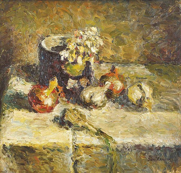 Artwork by Jan Zrzavý, Still life with garlic, Made of oil on canvas pasted on cardboard