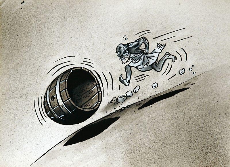Artwork by Kaja Saudek, Archimedes and barrel, Made of pencil, indian ink, ceruse, paper