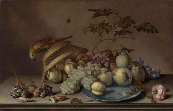 Pears, grapes and a peach on a porcelain platter, with apples, a rose, shells, a dragonfly, a caterpillar and a lizard on a stone ledge, with a parrot on an upturned woven basket by Balthasar van der Ast