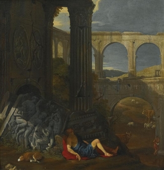 AN ARCHITECTURAL CAPRICCIO WITH ANCIENT RUINS, A TRIUMPHAL ARCH AND A... - Jean Lemaire