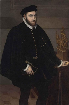 Portrait of a gentleman, three-quarter-length, in a black doublet, cloak and cap, standing beside a table with a bronze model of the Laocoon group - Lombard School, 16th Century