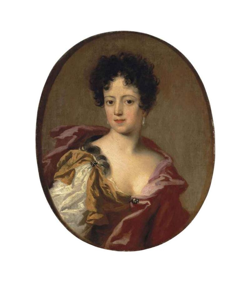 Portrait of a woman, half-length, in a yellow dress and red wrap, with pearl earrings by Giovanni Antonio Pellegrini