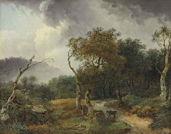 A wooded landscape with milkmaids and their cattle sheltering from a shower by Jean-Honoré Fragonard