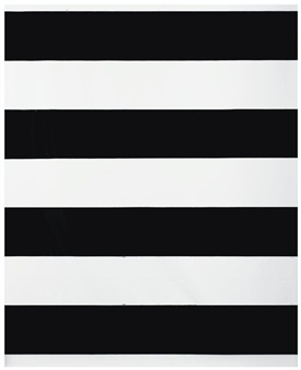 A minimalist artwork featuring bold horizontal stripes in black and white.