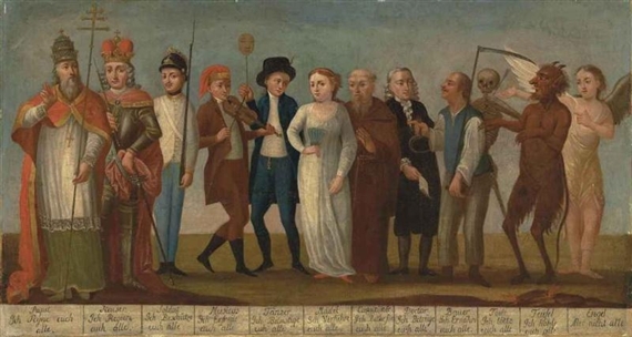 A pope, an emperor, a soldier, a musician, death and other figures by German School, 18th Century