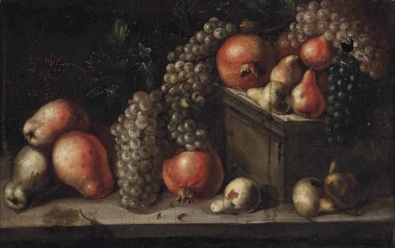 Artwork by Italian School, 18th Century, Pears, grapes and pomegranates on a stone ledge, Made of oil on canvas