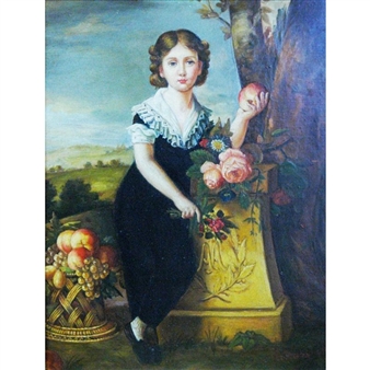 Portrait of a Young Girl in a Landscape Holding a Peach and Flowers - A. Tucker
