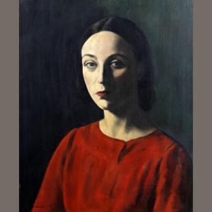Artwork by Jacob Kramer, Portrait of Nellie Pickering Wearing a Red Dress, Made of Oil on canvas