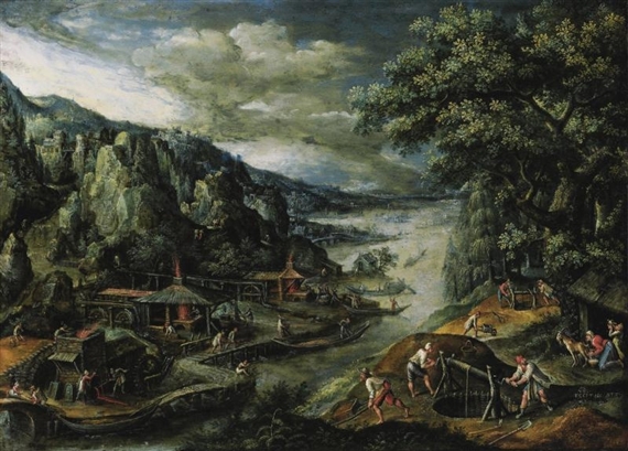 A RIVER LANDSCAPE WITH IRON-MINING SCENES by Marten van Valckenborch