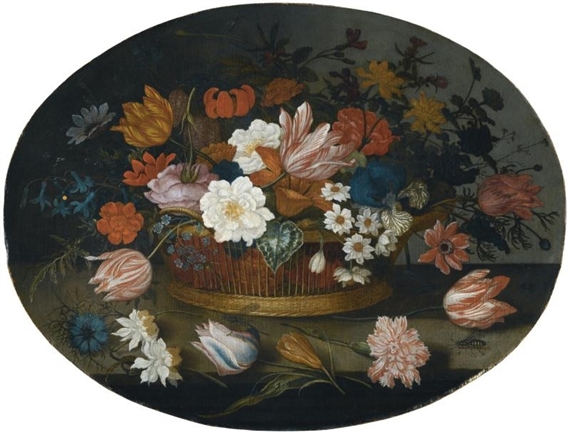 A STILL LIFE OF TULIPS, ROSES, NARCISSI, DAFFODILS, HYACINTHS, ANEMONES AND AN IRIS IN A BASKET ON A STONE LEDGE by Balthasar van der Ast, 1625