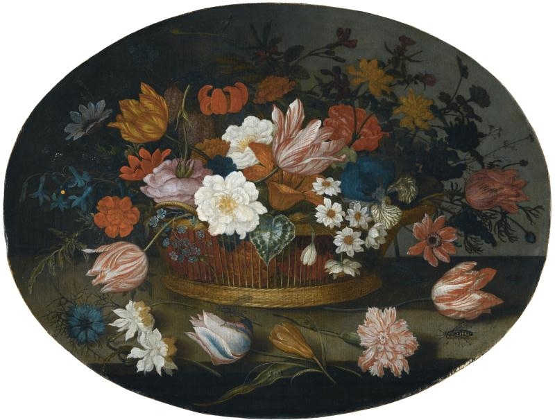 Artwork by Balthasar van der Ast, A STILL LIFE OF TULIPS, ROSES, NARCISSI, DAFFODILS, HYACINTHS, ANEMONES AND AN IRIS IN A BASKET ON A STONE LEDGE, Made of oil on panel