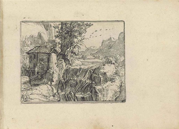 Landscape with a Waterfall (not in Nagler, Bartsch or Hollstein) by Hendrick Goltzius, circa 1600
