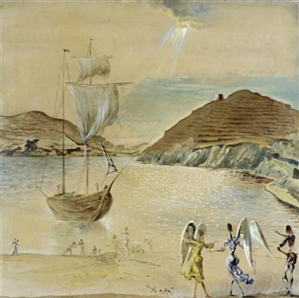 Paysage du Port Lligat avec anges familiers et pêcheurs - Salvador Dalí