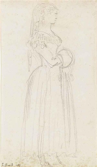 2 Works: Study of a Young Woman, Full Length, Seen in Profile, Wearing a Veil and Carrying a Muff; Another Study of the Same Figure by Jacques-Louis David, 1787