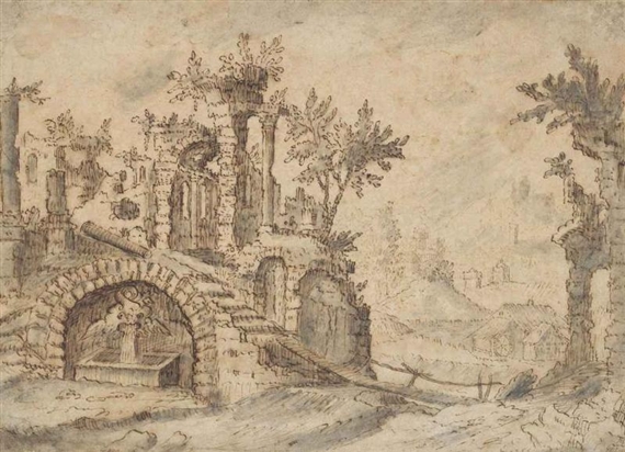 A Ruined Roman Villa in an Italianate Landscape by Tobias Verhaecht