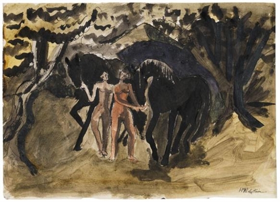 Zwei Akte führen zwei Pferde by Max Pechstein, 1911/1913