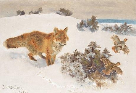 Winter landscape with hunting fox