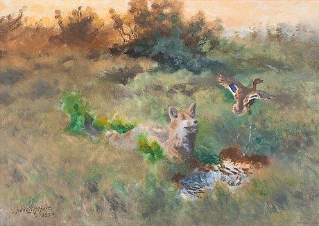 Artwork by Bruno Liljefors, Fox and mallard, Made of Canvas