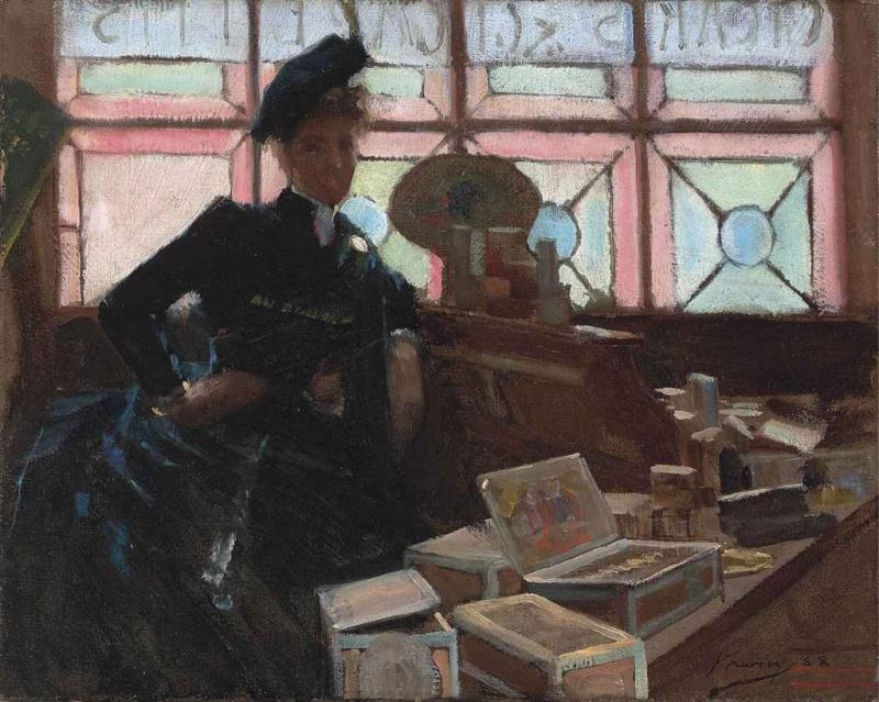 Artwork by John Lavery, The Cigar Seller at the Glasgow Exhibition, Made of oil on canvas