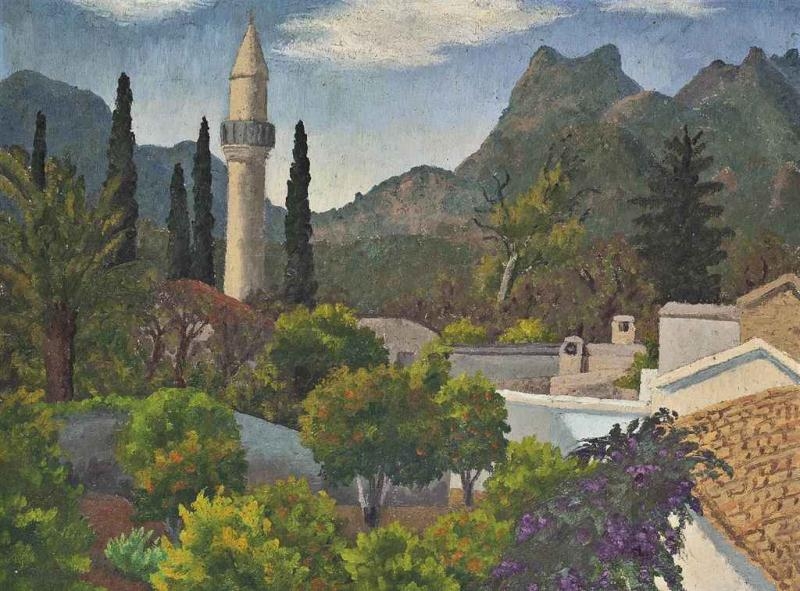 Turkish Village with Mosque, Cyprus by Sir Cedric Morris, 1967