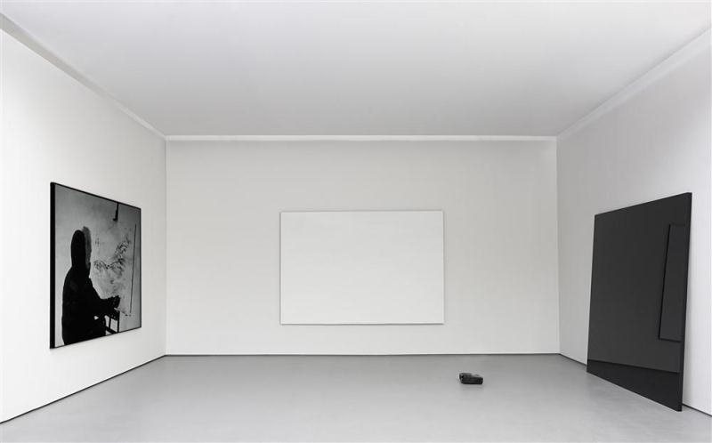 Artwork by Barnaby Hosking, Snow Painting, Made of black canvas screen, white acrylic on canvas and black mirror with digital video