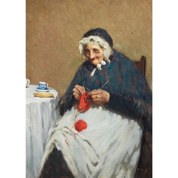 Artwork by Paul Knight, AN OLD GRANDMOTHER KNITTING, Made of Oil on canvas