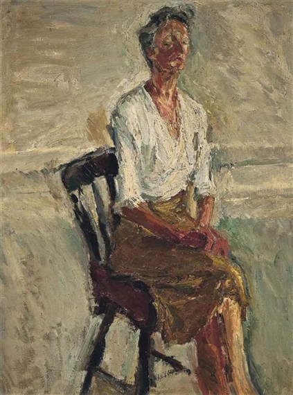 Portrait of a Woman in a White Blouse, Seated on a Wooden Chair