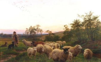 Sheep and shepherd at the end of the day - William Davis