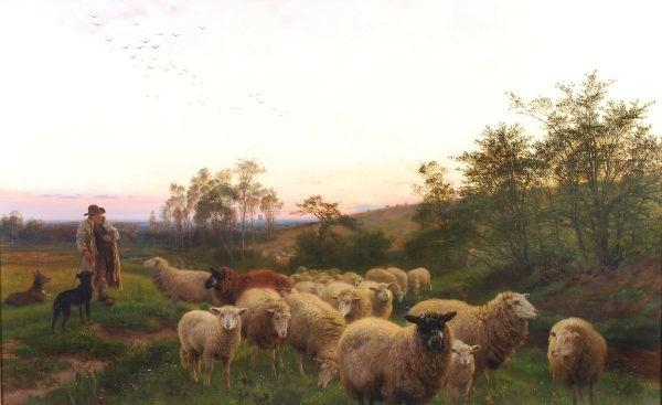 Artwork by William Davis, Sheep and shepherd at the end of the day, Made of Oil on canvas