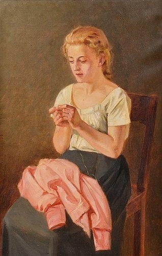A SEWING GIRL by Arvid Liljelund