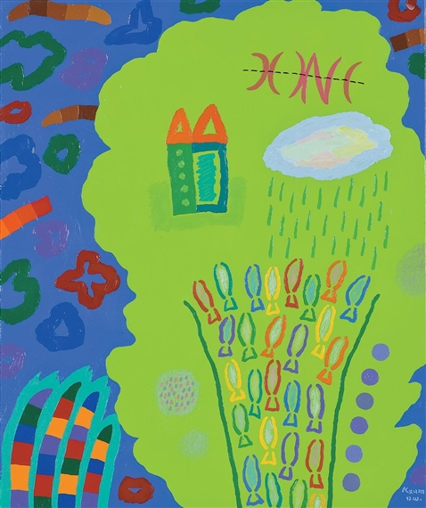 A vibrant abstract composition featuring a large green shape with colorful geometric elements and symbolic shapes.