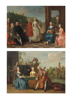 A portrait of Jacques-Jean Cremers (1736-after 1803) and his wife, dancing, on a garden terrace surrounded by other members of the family playing music; and An elegant company traditionally identified as the wedding of Jacob Johannes Cremers (+ 1786), all seated and making music on a terrace, a village and lake in the distance - Balthazar Beschey