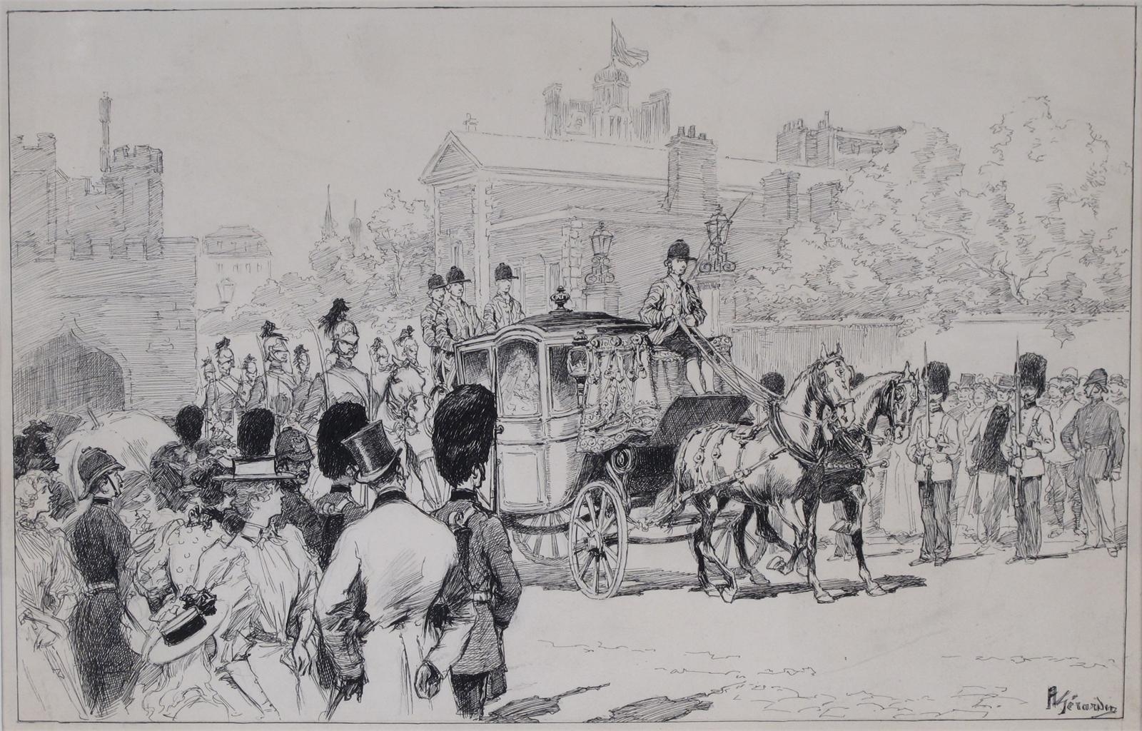 Artwork by Auguste Gérardin, A Royal Wedding procession at St James's Palace, Made of Pen and ink