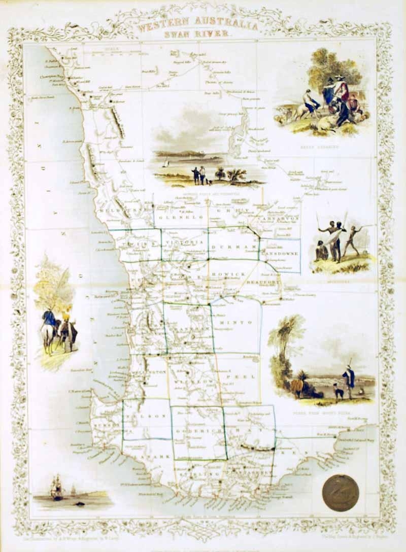 Artwork by John Tallis, Early map of Swan River, Made of Original steel engraving with hand coloured vignettes