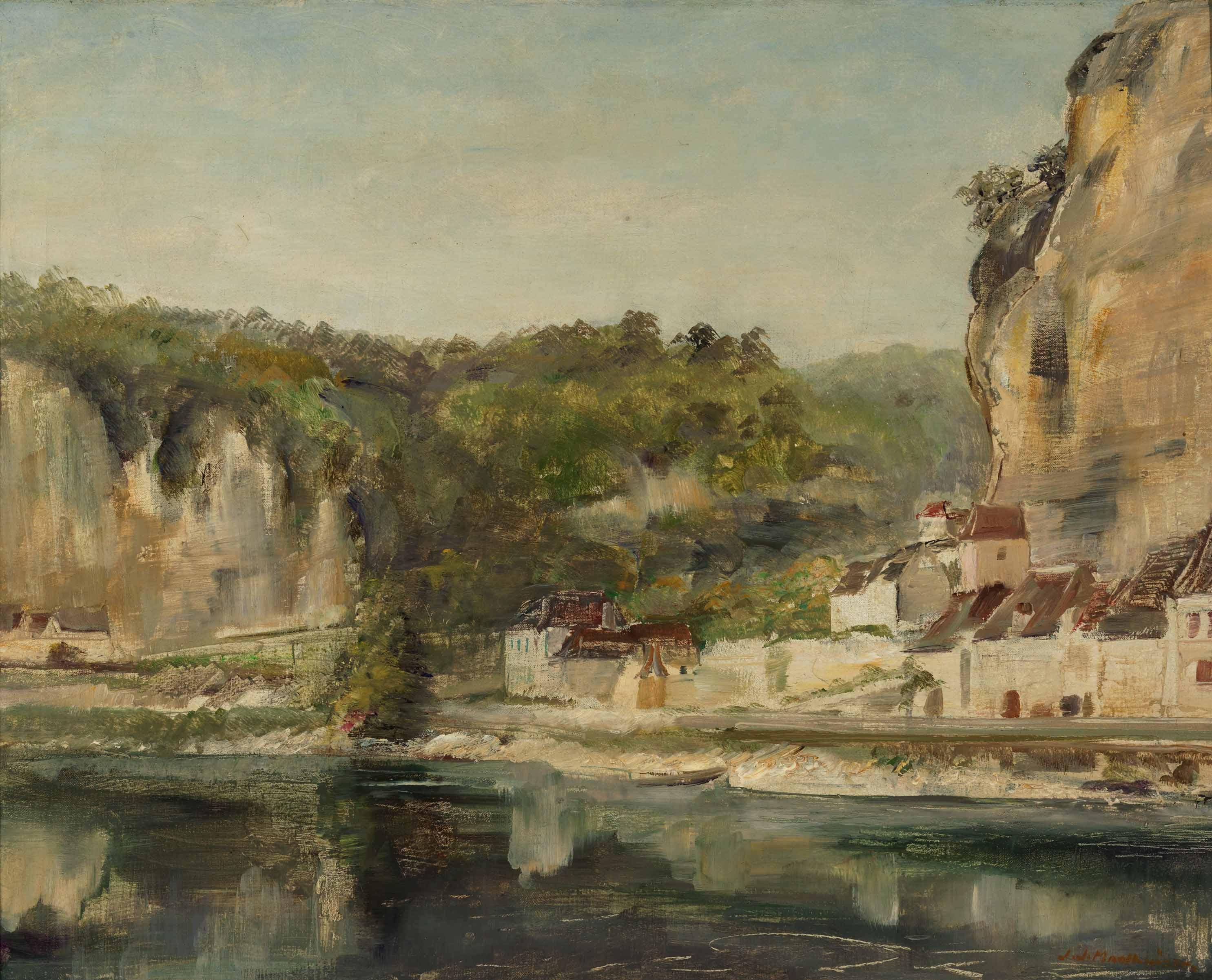 Artwork by Jan J. Moolhuizen, View of a village on the lake, Made of Oil on canvas