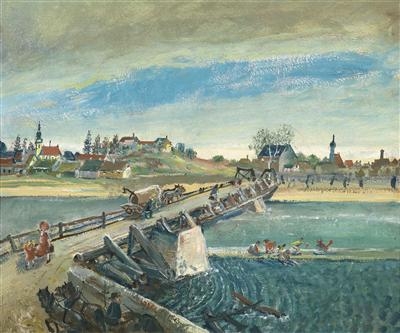 Artwork by Oskar Laske, The Bridge (based on Enns?), Made of oil on canvas