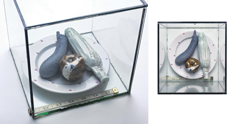 Artwork by Rozana Musa, Polka Dot Plate with Colourful Vegetables, Made of Ceramic, Measuring Tape and Glass