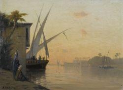 Artwork by Louis-Auguste Veillon, View of the Nile and Cairo in the background, Made of Oil on cardboard