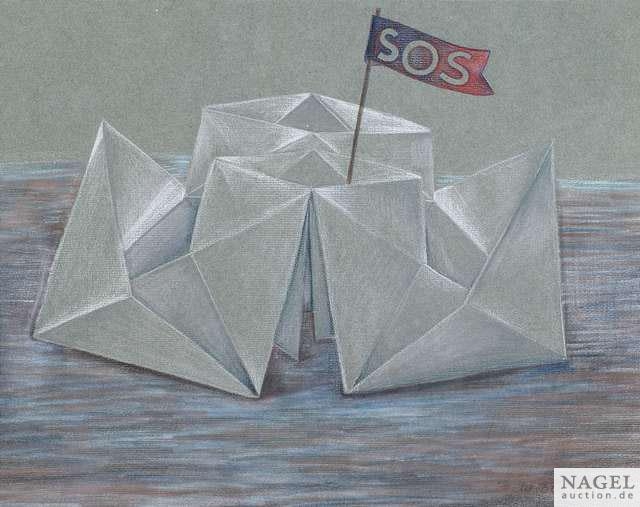 Artwork by Waltraud Bücheler, Faltboot in Seenot, Made of Coloured pencil on grey paper