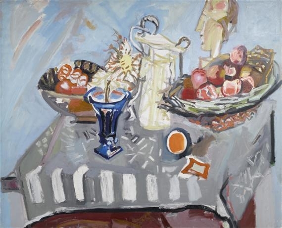 Still life with thistle in blue vase, salt pot, basket of apples and mask by Max Gubler, Circa 1956