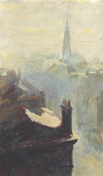 A moody, impressionistic view of rooftops and a distant spire under a hazy sky.
