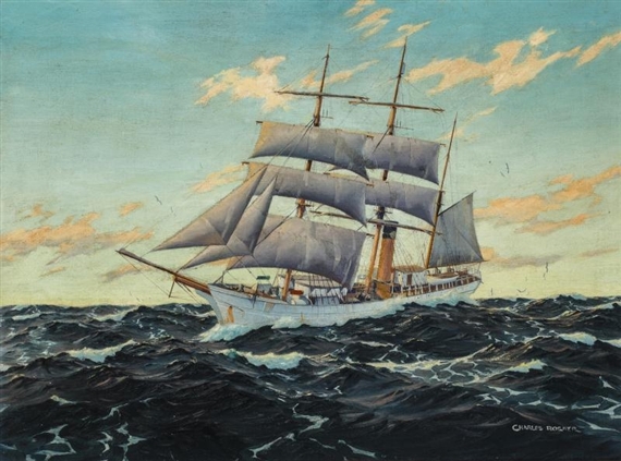 Sunset Passage  a sail/auxiliary steam ship under shortened sail in a rough sea by Charles Rosner