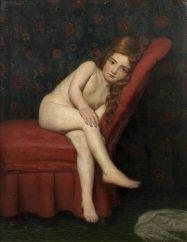 Petite fille se reposant sur un fauteuil rouge - Hermann Hirsch