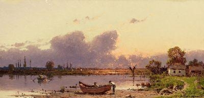 Artwork by Aleksander Piotr Swieszewski, Fishers on a Lake, Made of Oil on wood